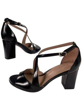 Naturalizer Hollis Heels Black Patent Cute Block Sandals Size 8W (MSRP $135) NEW